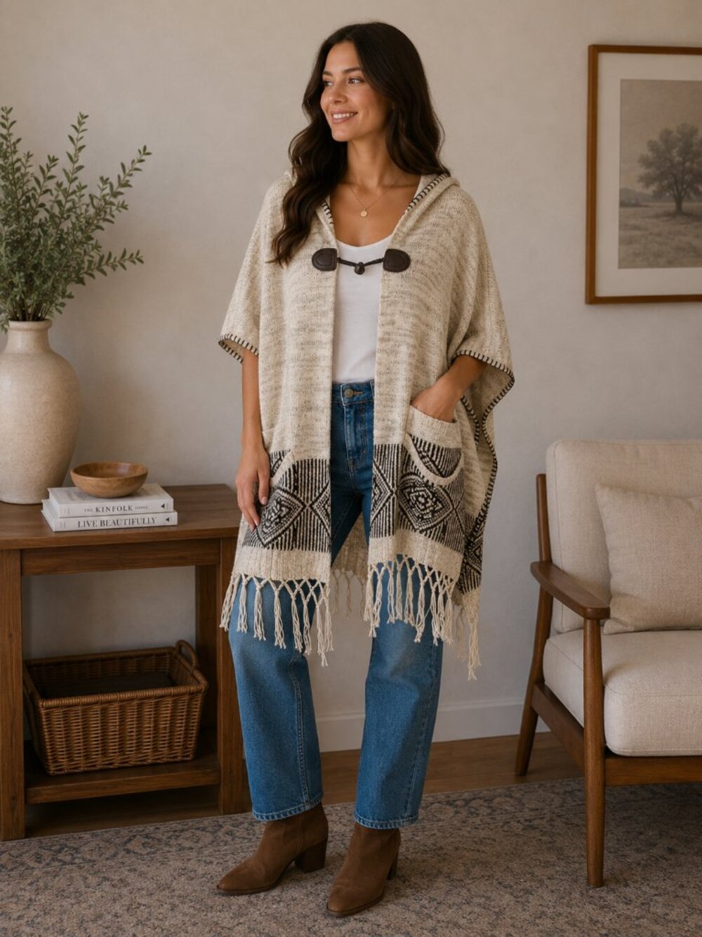 Blu Pepper Hooded Fringe Poncho with Toggle Closure